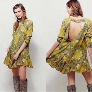 Free People Boho Smooth Talker Tunic Dress Floral Moss Open Back Pockets Sz S